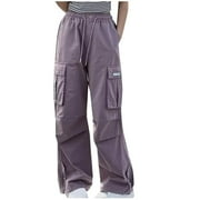 AherBiu Cargo Pants for Girls Kids Teens Drawstring High Waisted Straight Leg Loose Trousers with Multi Pockets